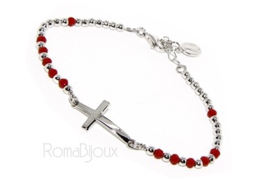 NSA|Bracciale rosario uomo in Argento 925 con immagine madonnina , croce convessa e cristallo rosso . Mis 17,00 - 20,00
