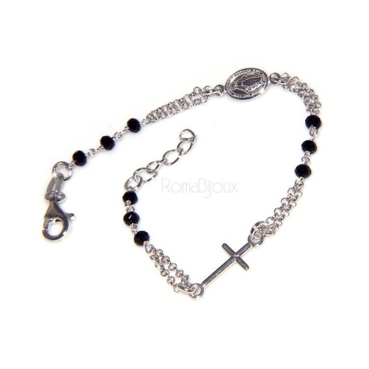 NSA|Bracciale rosario uomo in Argento 925 con immagine madonnina , croce convessa e cristallo nero . Mis 17,00 - 22,00