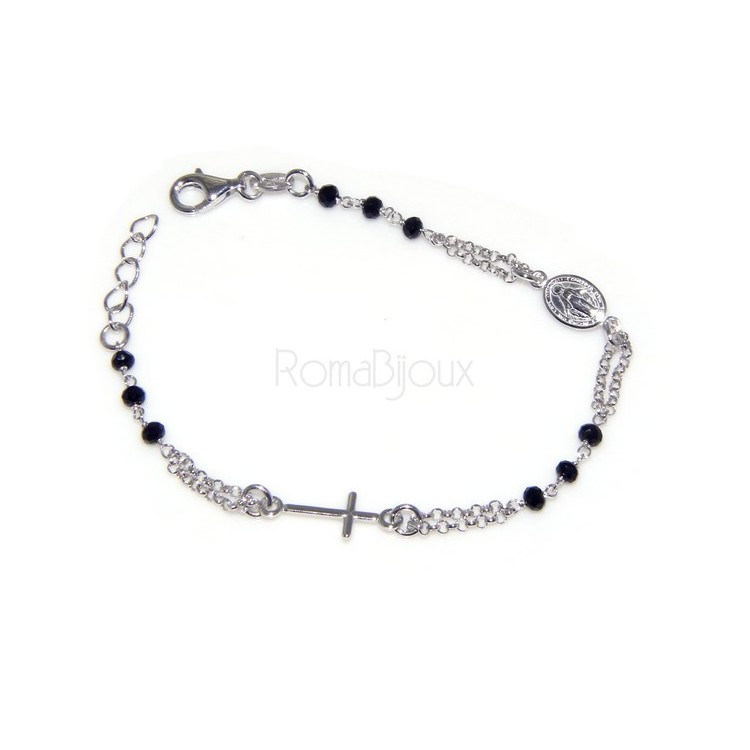 NSA|Bracciale rosario uomo in Argento 925 con immagine madonnina , croce convessa e cristallo nero . Mis 17,00 - 22,00