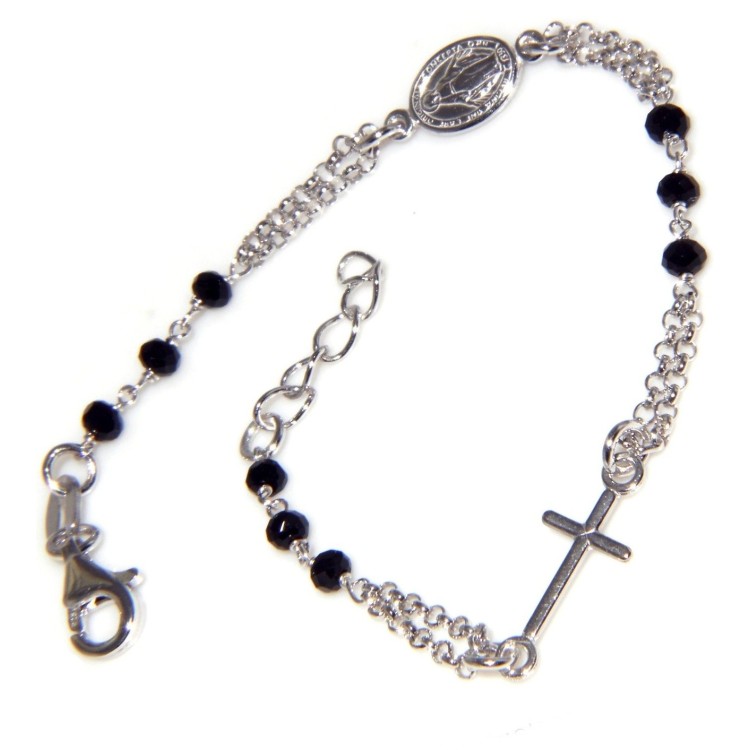 NSA|Bracciale rosario Argento 925 madonna miracolosa , croce e cristallo nero 16,50 19,00