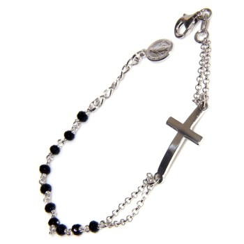 NSA|Rosary bracelet Silver 925 miraculous Madonna, convex cross and black crystal 15/17.50 cm