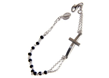 NSA|Rosary bracelet Silver 925 miraculous Madonna, convex cross and black crystal 15/17.50 cm