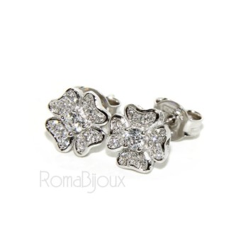 NSA|Argento 925 : orecchini donna stud quadrifoglio  pave' di zirconi bianchi microsetting