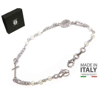 NSA|NALBORI Bracciale rosario uomo donna in Argento 925 madonna miracolosa , croce e perline bianche 16,50 19,50