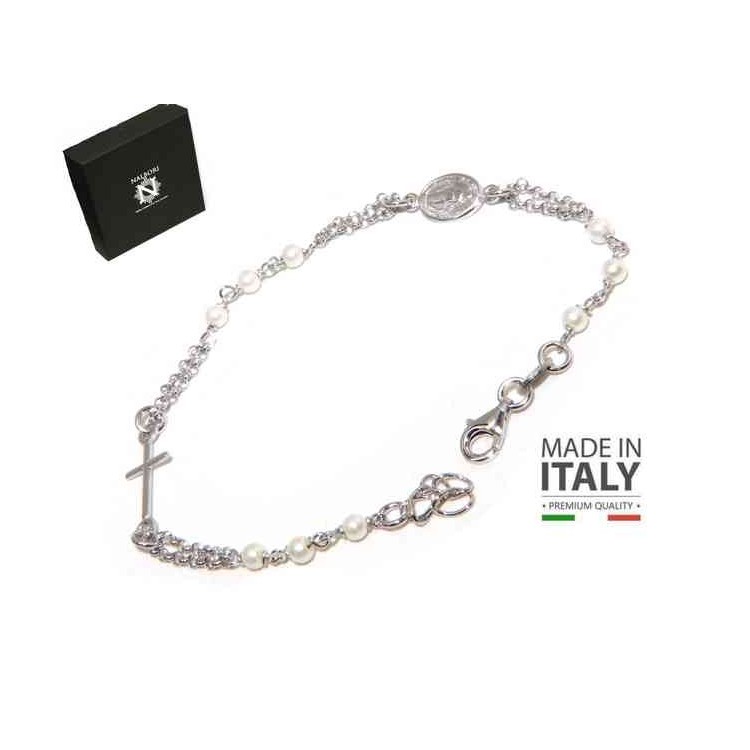 NSA|NALBORI Bracciale rosario uomo donna in Argento 925 madonna miracolosa , croce e perline bianche 16,50 19,50