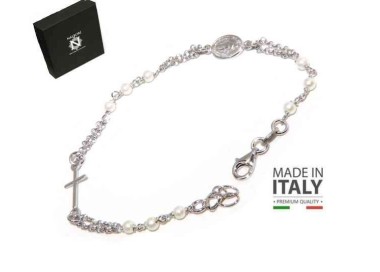 NSA|NALBORI Bracciale rosario uomo donna in Argento 925 madonna miracolosa , croce e perline bianche 16,50 19,50
