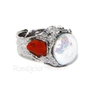 NSA|925: Adjustable Women's Ring handmade with natural gems and true red coral round bead