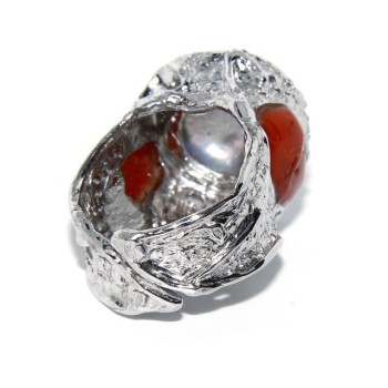 NSA|925: Adjustable Women's Ring handmade with natural gems and true red coral round bead