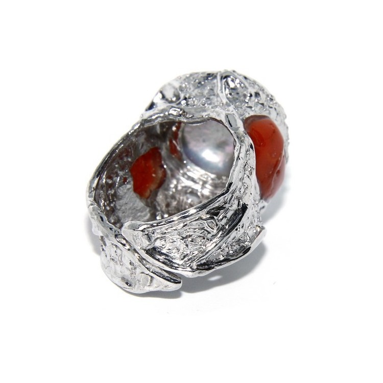 NSA|925: Adjustable Women's Ring handmade with natural gems and true red coral round bead