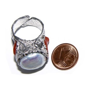 NSA|Argento 925 : Anello donna regolabile realizzato a mano con gemme di corallo rosso verace naturale e perla tonda