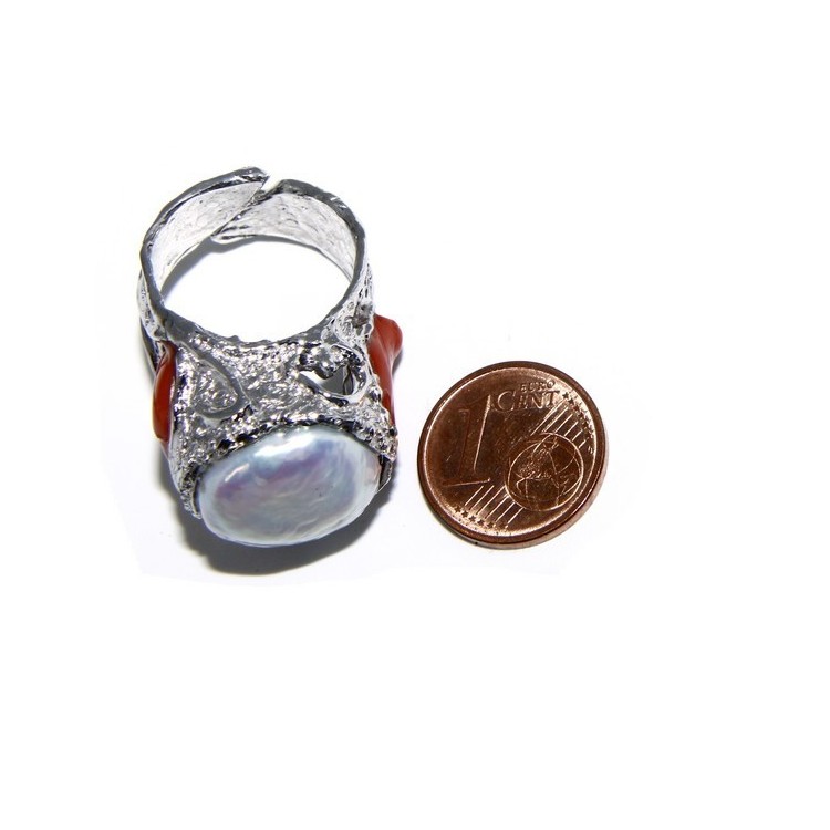 NSA|Argento 925 : Anello donna regolabile realizzato a mano con gemme di corallo rosso verace naturale e perla tonda