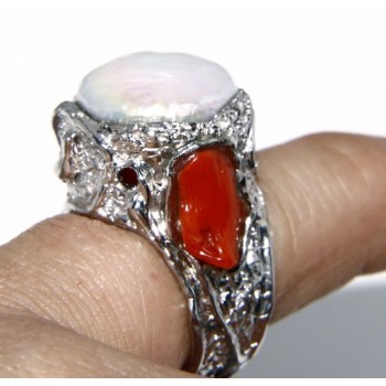 NSA|925: Adjustable Women's Ring handmade with natural gems and true red coral round bead