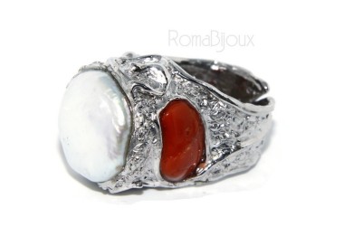 NSA|925: Adjustable Women's Ring handmade with natural gems and true red coral round bead
