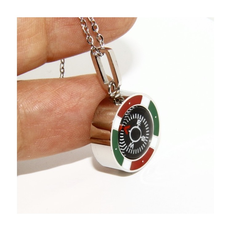 NSA|Steel: Exclusive necklace rolo 'man woman pendant Italian flag and compass