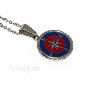 NSA|Acciaio : collana forzatina con pendente tondo rosa dei venti smaltato rosso blu