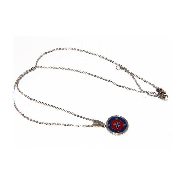 NSA|Acciaio : collana forzatina con pendente tondo rosa dei venti smaltato rosso blu