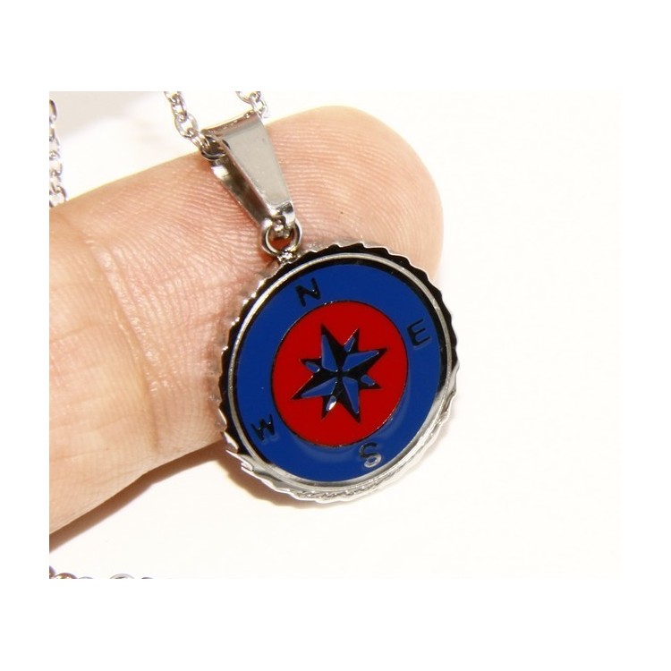 NSA|Steel: forzatina necklace with  round pendant windrose red blue enamelled