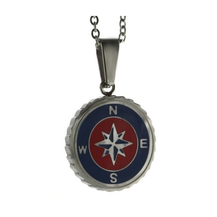 NSA|Acciaio : collana forzatina con pendente tondo rosa dei venti smaltato rosso blu