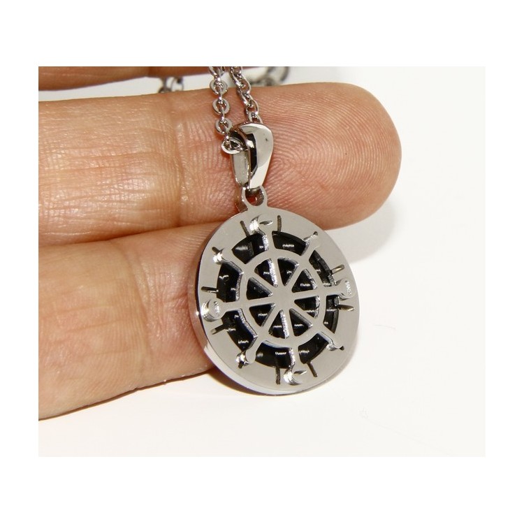 NSA|Steel: forzatina necklace with round pendant Rudder black background.