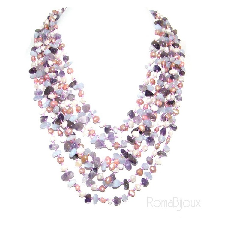 NSA|Necklace by Donna Collier Cleopatra 8 wires amethyst chalcedony and natural pearls