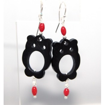NSA|Women's earrings 925 stamped silver ebony owl and natural red coral beads
