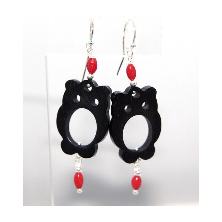 NSA|Women's earrings 925 stamped silver ebony owl and natural red coral beads