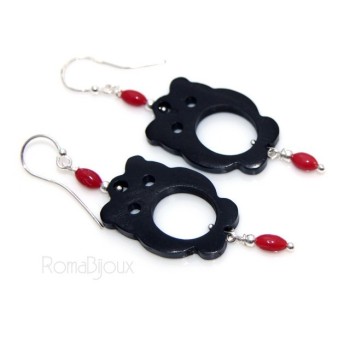 NSA|Women's earrings 925 stamped silver ebony owl and natural red coral beads