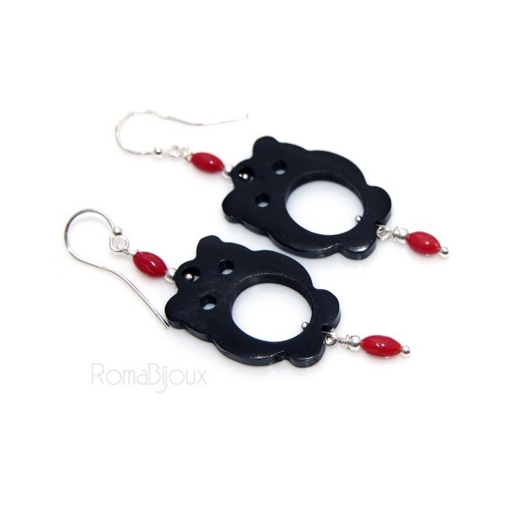 NSA|Orecchini donna Argento 925 gufo in ebano e perle di corallo naturale rosso