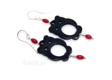 NSA|Orecchini donna Argento 925 gufo in ebano e perle di corallo naturale rosso