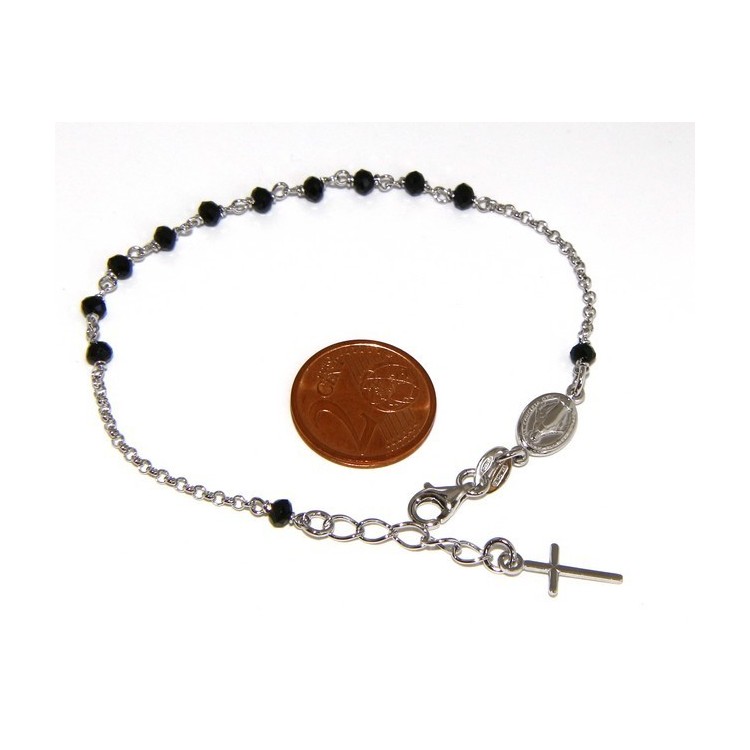 NSA|Bracciale rosario uomo donna in Argento 925 madonna miracolosa , croce e perle cristallo nero 17,00 - 20,00 cm