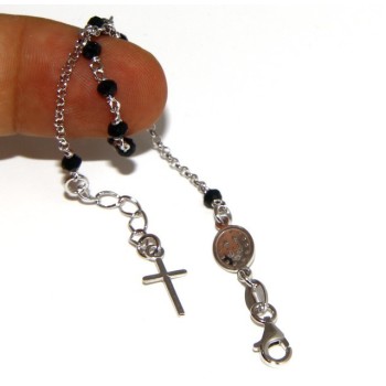 NSA|Bracciale rosario uomo donna in Argento 925 madonna miracolosa , croce e perle cristallo nero 17,00 - 20,00 cm