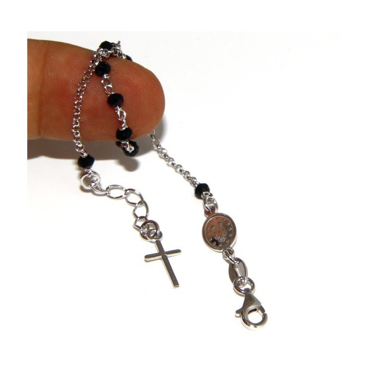 NSA|Bracciale rosario uomo donna in Argento 925 madonna miracolosa , croce e perle cristallo nero 17,00 - 20,00 cm
