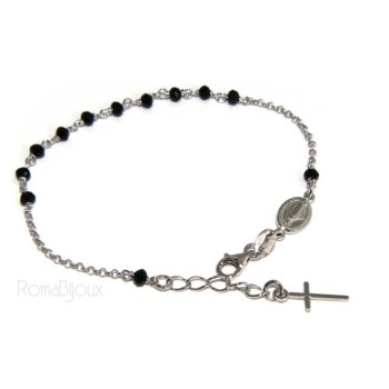 NSA|Rosary bracelet male female 925 miraculous Madonna, cross and black crystal beads 17.00 to 20.00 cm