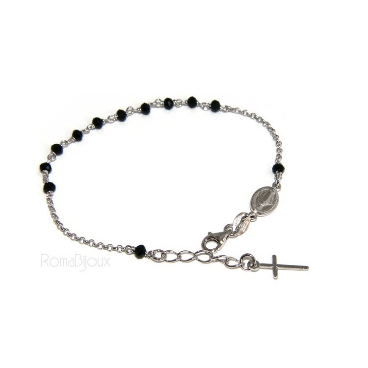 NSA|Bracciale rosario uomo donna in Argento 925 madonna miracolosa , croce e perle cristallo nero 17,00 - 20,00 cm