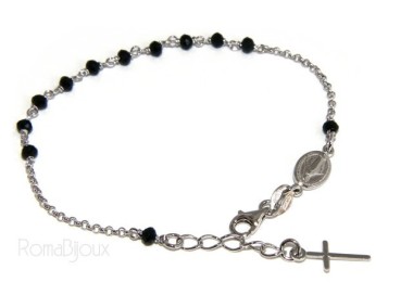 NSA|Bracciale rosario uomo donna in Argento 925 madonna miracolosa , croce e perle cristallo nero 17,00 - 20,00 cm