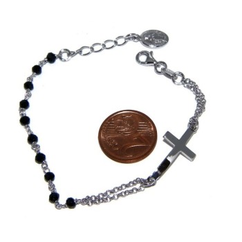 NSA|Bracciale rosario uomo donna in Argento 925 madonna miracolosa , croce convessa e cristallo nero . Mis 15,50 - 17,50