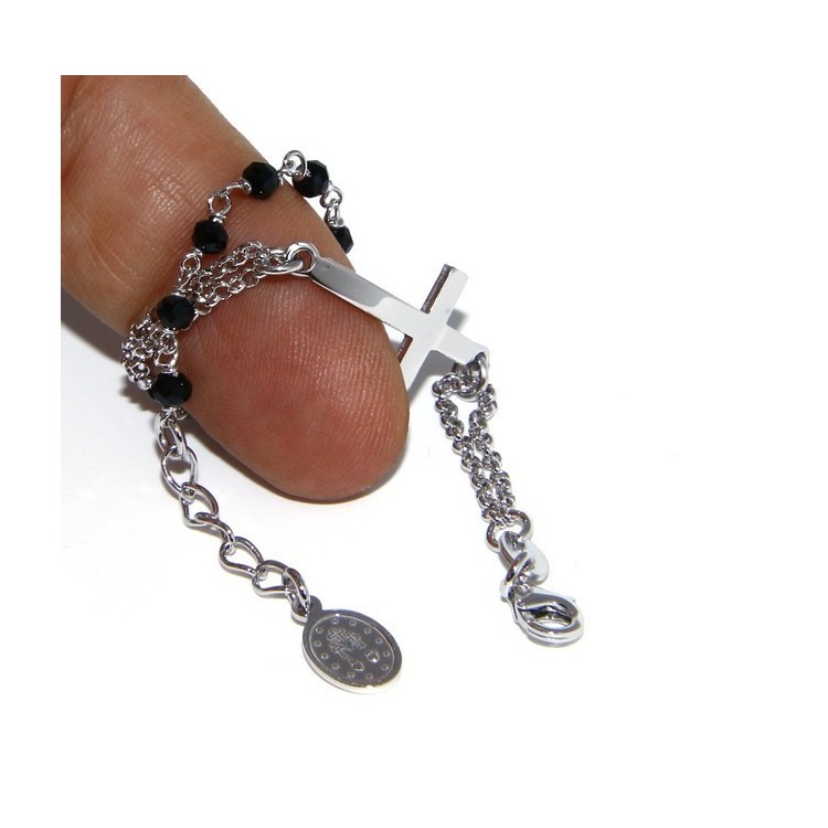 NSA|Bracciale rosario uomo donna in Argento 925 madonna miracolosa , croce convessa e cristallo nero . Mis 15,50 - 17,50