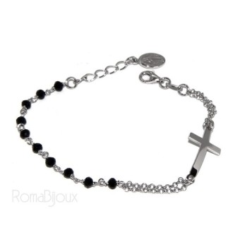 NSA|Bracciale rosario uomo donna in Argento 925 madonna miracolosa , croce convessa e cristallo nero . Mis 15,50 - 17,50
