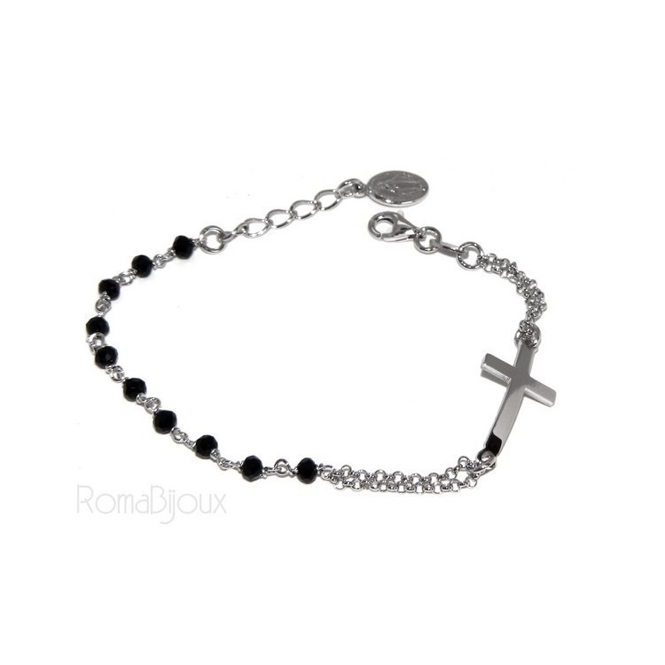 NSA|Rosary bracelet male female 925 miraculous Madonna, convex cross and black crystal. Mis from 15.50 to 17.50