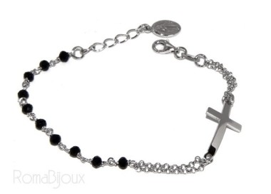 NSA|Rosary bracelet male female 925 miraculous Madonna, convex cross and black crystal. Mis from 15.50 to 17.50