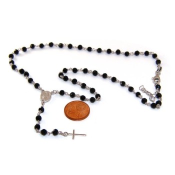 NSA|Collana Rosario uomo Argento 925 Con cristallo nero 4 mm croce e madonna miracolosa 44+5