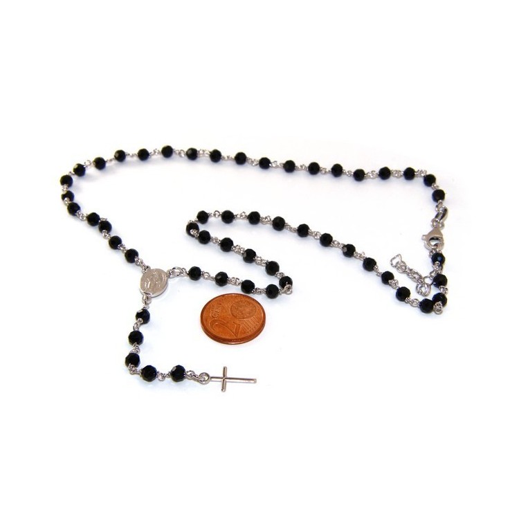 NSA|Collana Rosario uomo Argento 925 Con cristallo nero 4 mm croce e madonna miracolosa 44+5