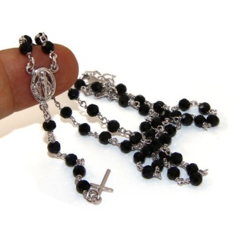 NSA|Rosary necklace man 925 With black crystal 4 mm cross and miraculous Madonna 44 + 5