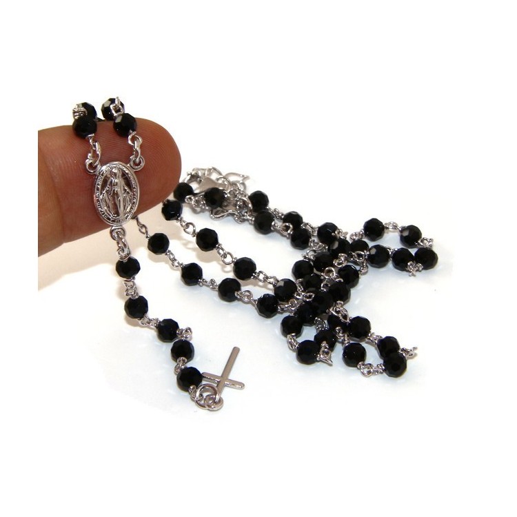 NSA|Collana Rosario uomo Argento 925 Con cristallo nero 4 mm croce e madonna miracolosa 44+5