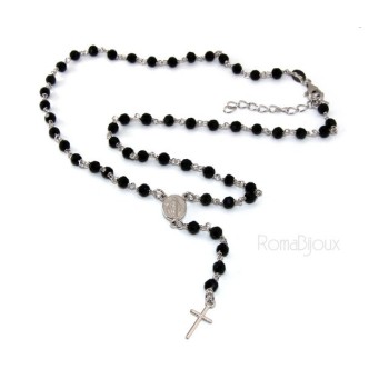 NSA|Collana Rosario uomo Argento 925 Con cristallo nero 4 mm croce e madonna miracolosa 44+5