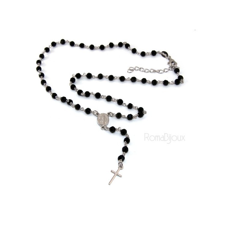 NSA|Collana Rosario uomo Argento 925 Con cristallo nero 4 mm croce e madonna miracolosa 44+5