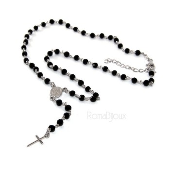 NSA|Collana Rosario uomo Argento 925 Con cristallo nero 4 mm croce e madonna miracolosa 44+5