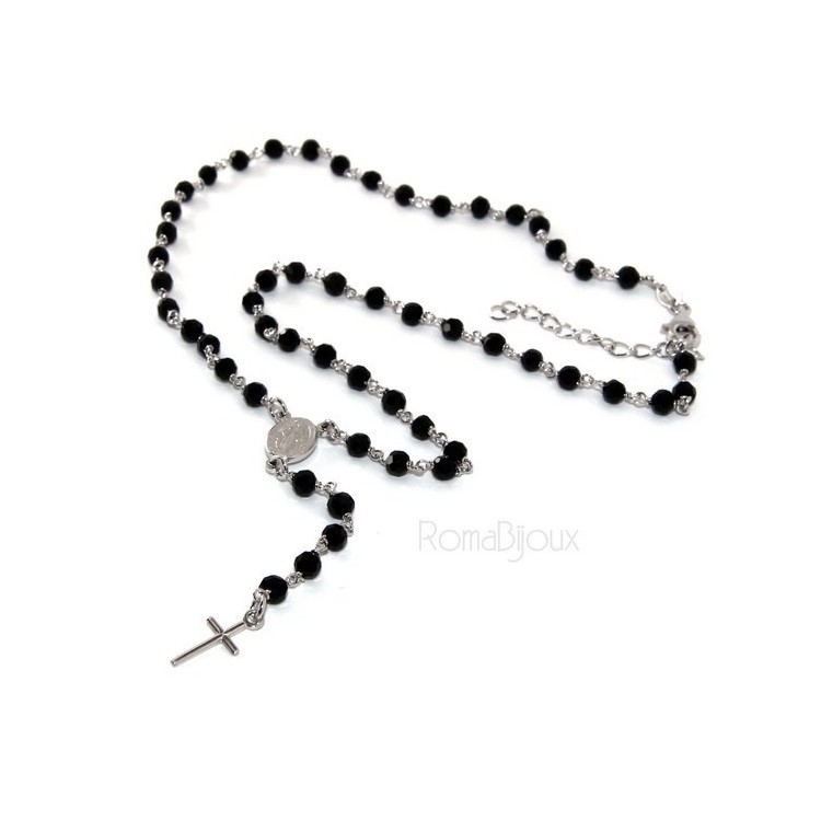NSA|Collana Rosario uomo Argento 925 Con cristallo nero 4 mm croce e madonna miracolosa 44+5