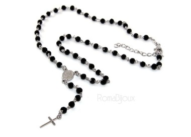 NSA|Collana Rosario uomo Argento 925 Con cristallo nero 4 mm croce e madonna miracolosa 44+5