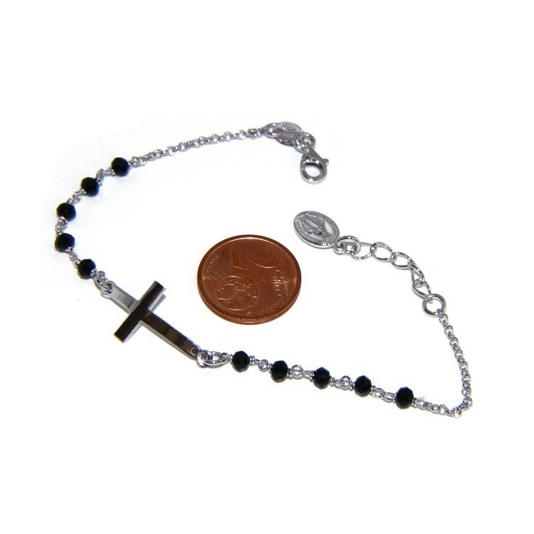 NSA|Bracciale rosario uomo in Argento 925 madonna miracolosa , croce convessa e cristallo nero . Mis 17,00 - 20.00